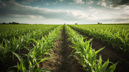 Springtime corn field with fresh, green sprouts. Generative AI