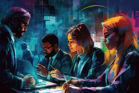 a diverse multicultural group of business people in a conference, meeting or brainstorming session, Painterly futuristic illustration, generative AI