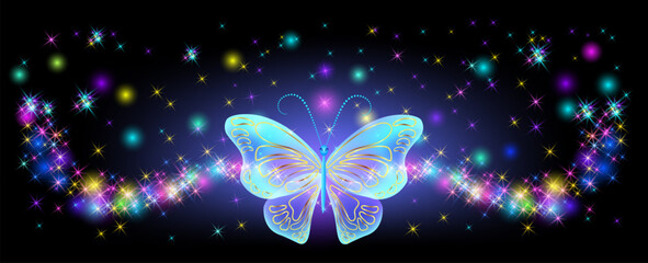 Magical transparent butterfly and glowing stars against the background of the starry night sky. Fantastic background.