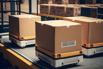Mobile robot transporting a box in a warehouse. Automated retail warehouse AGV robots delivering cardboard boxes in distribution logistics center. Automated guided vehicles packages. AI generative.