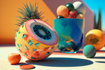Fantastic summer composition. Generative AI. Surreal fruits in geometric style. Concept of summer, vacation, beach. - Powered by Adobe