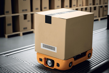 Mobile robot transporting a box in a warehouse. Automated retail warehouse AGV robots delivering cardboard boxes in distribution logistics center. Automated guided vehicles packages. AI generative.