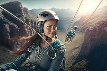 A woman on a mountain zipline, enjoying the aerial view and thrilling adventure. Generative AI.