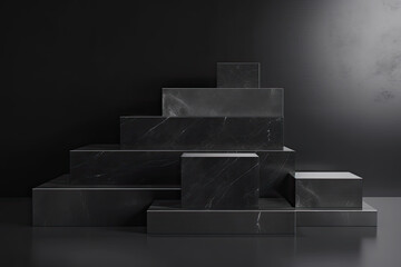 Blank step podium display black granite set collection 3D render minimalist concept