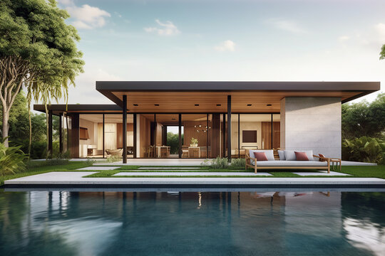 Beautiful luxury modern design architecture images of home with pool. Generative AI. 