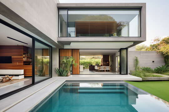 Beautiful modern design architecture image of house with open windows and pool. Generative AI. 