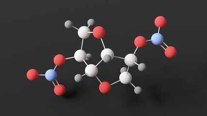 isosorbide dinitrate molecule, molecular structure, nitrates and nitrites, ball and stick 3d model, structural chemical formula with colored atoms