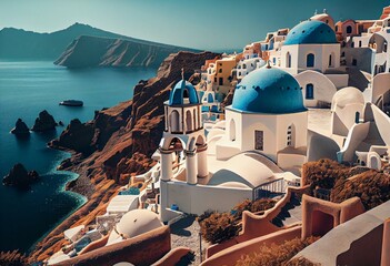 Stunning panoramic view of Santorini, Greece. A perfect summer vacation backdrop in 3D. Generative AI