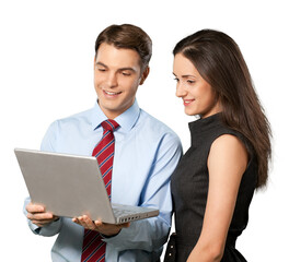 Portrait of  happy business team  with laptop  on  background