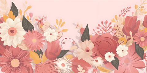Flowers banner of flat illustration, botanical arrangement, festive floral background with copy space, pastel colors. Happy mothers, valentines, womens day holiday concept. Ai generated.