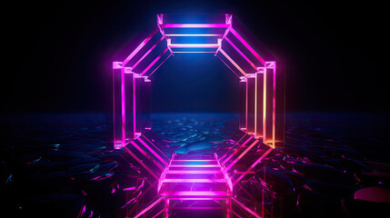 Abstraction of neon geometric shapes with crystals. Generative AI