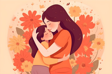 Mother's Day flat illustration with a young mother, hugging her child against the background of flowers, warm colors, bright background. Holiday family concept. Ai generated.