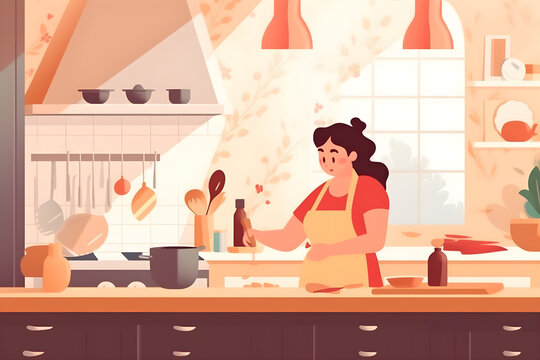 Mother's Day flat illustration with a young mother, cooking in the kitchen, warm colors, bright background. Holiday family concept. Ai generated.