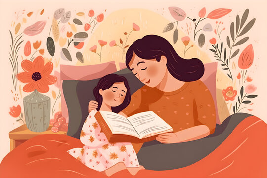Mother's Day flat illustration with a mother reading storybook in the bed, telling a story to the little girl in her arms, warm colors, bright flowers background. Ai generated.