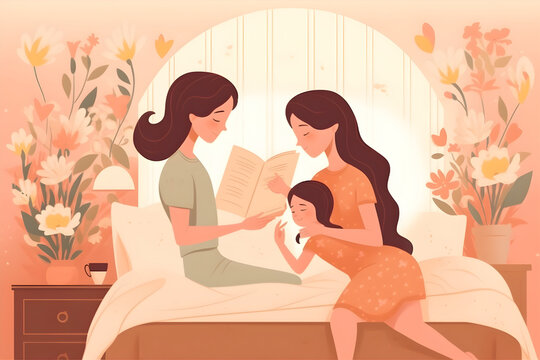 Mother's Day flat illustration with a mother reading storybook in the bed, telling a story to the little daughters in her arms, warm colors, bright flowers background. Ai generated.