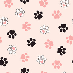 Fototapeta premium Seamless pet paw pattern. Cat or dog footprint background. Vector illustration. It can be used for wallpapers, wrapping, cards, patterns for clothes and other.