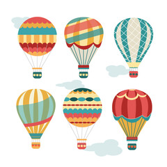 Fototapeta premium Balloons with a basket. Old air transport, colorful aviation icons. Adventure, flying in the sky in a hot air balloon.