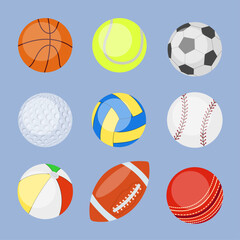 Obraz premium Collection of round and oval balls for sports events. Vector illustration. Set of various equipment for sports games isolated on a blue background.