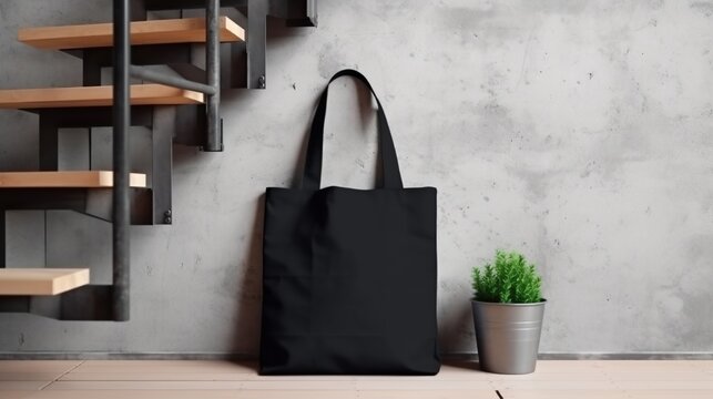 Generative AI, Realistic black tote canvas fabric bag set-up in at interior or outdoor, shopper mock up blank.	
