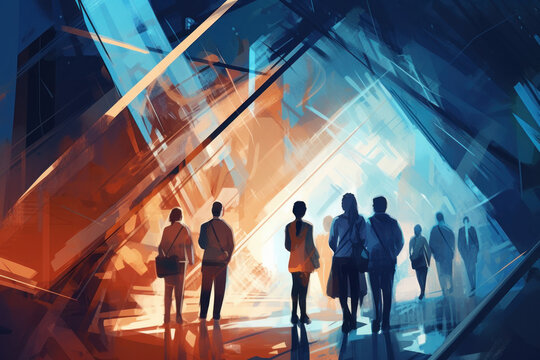 diverse multicultural group of business people meeting, teambuilding concept for efficient collaboration, Painterly futuristic illustration, generative AI