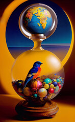 An hourglass with a globe and a blue bird inside. Fantasy image with intricate patterns and decorations. Generative, AI, Generative AI