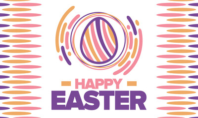 Happy Easter in April. Christian spring holiday in honor of the resurrection of Christ. Biblical history. Traditional dyeing eggs with patterns, fun game for children searching for easter eggs. Vector