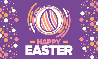 Happy Easter in April. Christian spring holiday in honor of the resurrection of Christ. Biblical history. Traditional dyeing eggs with patterns, fun game for children searching for easter eggs. Vector