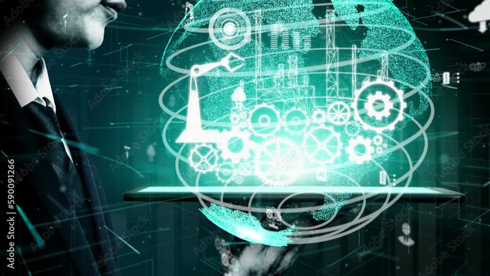 Poster futuristic industry 4.0 and inventive mechanized engineering concept with graphic user interface sho