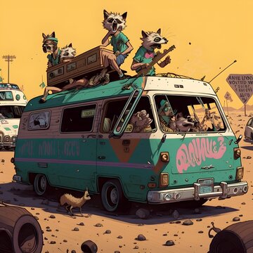 stoner raccoons escaping in a camper van rave party soundsystem from the police with car hight velocity camper van comics by moebius Bouble text breaking bad making Fear and loathing at Las Vegas 
