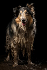 Border Collie covered in mud portrait, AI generated image
