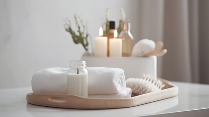 Fototapeta na wymiar Toiletries, soap, candle, towel on blurred white bathroom spa background. AI generated