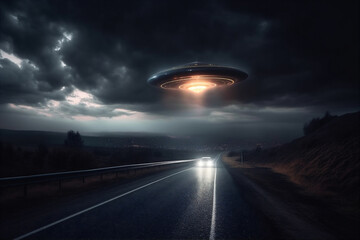 UFO floating above roadway with car at midnight. Bright light beams car. AI generated