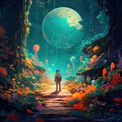 Obraz na płótnie Canvas Astronaut carefully goes to an unknown planet, where the primeval forest is filled with bright and colorful flora. He thoroughly explores every corner, not missing a single detail. Generative AI