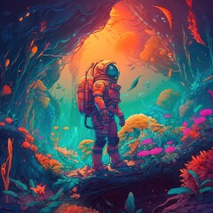 Astronaut carefully goes to an unknown planet, where the primeval forest is filled with bright and colorful flora. He thoroughly explores every corner, not missing a single detail. Generative AI
