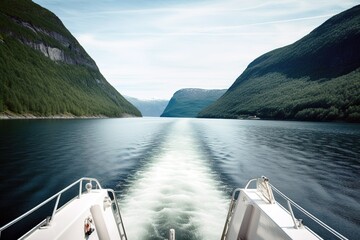 Boat trip back view with lake by the mountains. Travel and tourism concept. Generative AI