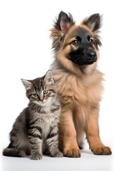 Cute German Shepherd puppy with tabby kitten over white background. Generative AI Vertical shot