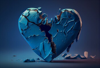 Blue background with a broken heart, sad tears and mental disorder, depicting pain of a lost love. Generative AI