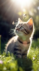 Cute tabby kitten chasing butterfly under the sunlight. Generative AI Vertical shot