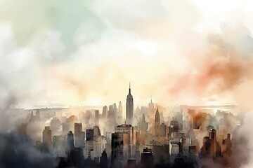 Watercolor city landscape illustration skyline. Generative AI