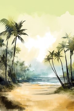 Watercolor illustration of beach with palm trees in Hawaiian paradise beach. Generative AI