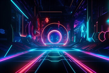 Neon futuristic corridor filled with neon lights. AI generated
