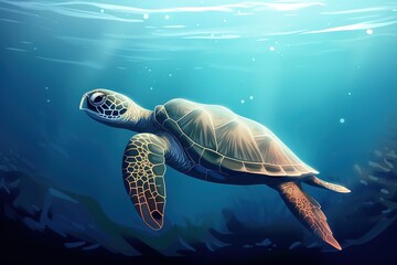 Realistic illustration of sea turtle swimming under the ocean. Generative AI