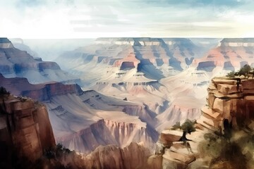 Watercolor realistic illustration of Grand Canyon in Arizona, USA. Generative AI