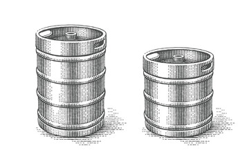 Kegs. Hand drawn engraving style illustrations. 