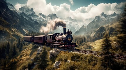 A steam train is making its way through the picturesque scenery of the Swiss Alps, providing a scenic and nostalgic travel experience for passengers. Generative AI