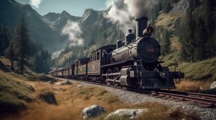 Fototapeta na wymiar A steam train is making its way through the picturesque scenery of the Swiss Alps, providing a scenic and nostalgic travel experience for passengers. Generative AI