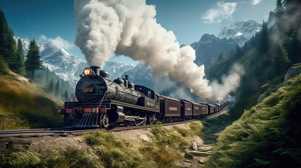 Fototapeta premium A steam train is making its way through the picturesque scenery of the Swiss Alps, providing a scenic and nostalgic travel experience for passengers. Generative AI