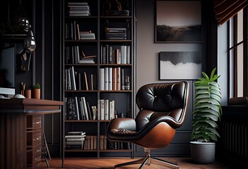 Modern interior room features a bookcase and armchair. Generative AI