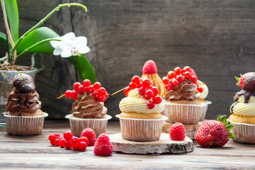 Chocolate and vanilla cupcakes decorated with fresh berries on rustic wooden background