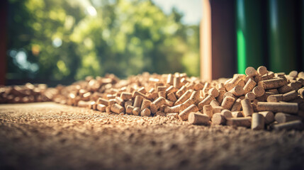 Ground level of heap of compressed wood pellets stacked on floor near chopped firewood of various types with green leaves and biomass briquettes in sunlight. generative ai